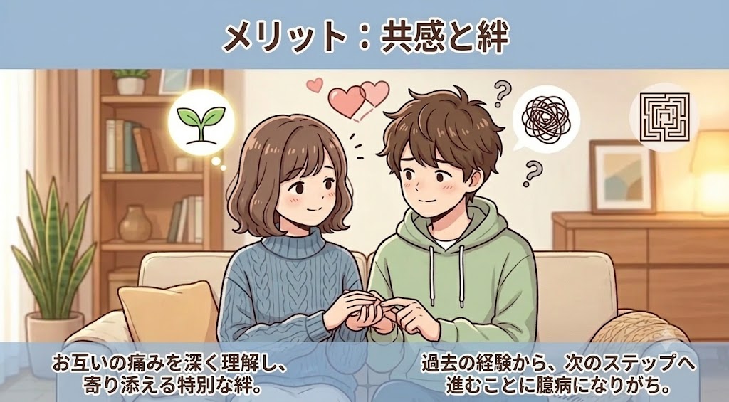 バツイチ同士のマッチングのメリットと難しさを対比した2コマ漫画。上段は『メリット：共感と絆』として笑顔で手を取り合う男女と『お互いの痛みを深く理解し、寄り添える特別な絆。』の文字。下段は不安げな表情の男女と『過去の経験から、次のステップへ進むことに臆病になりがち。』の文字（AI生成イメージ）