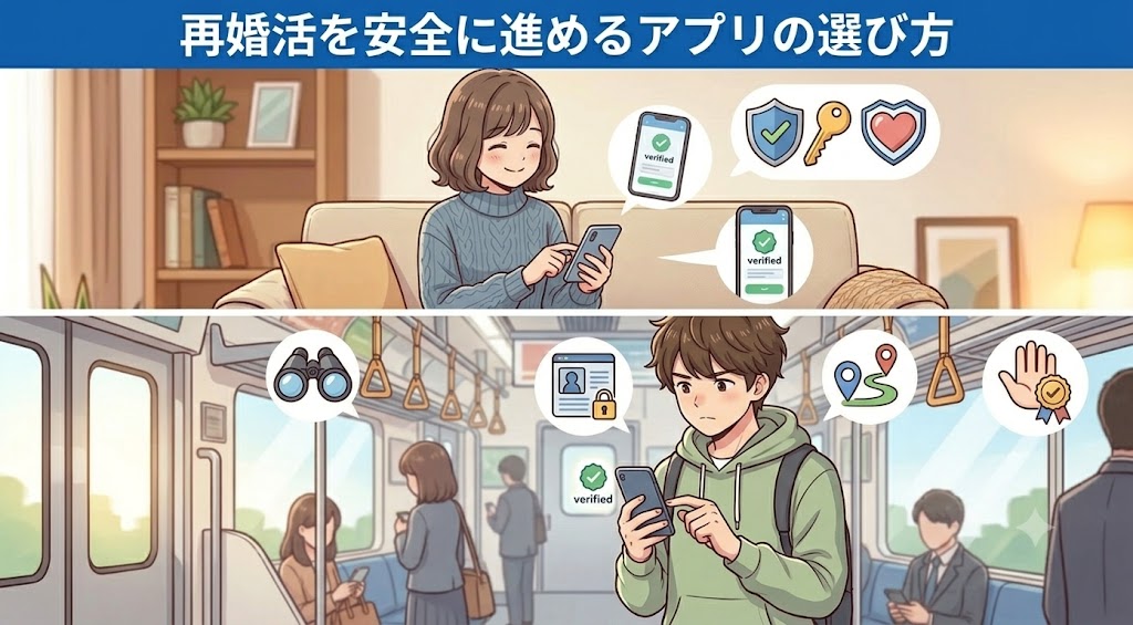 「再婚活を安全に進めるアプリの選び方」というタイトルの、家でスマホを操作する女性と、電車でスマホを操作する男性の2コマイラスト（AI生成イメージ）