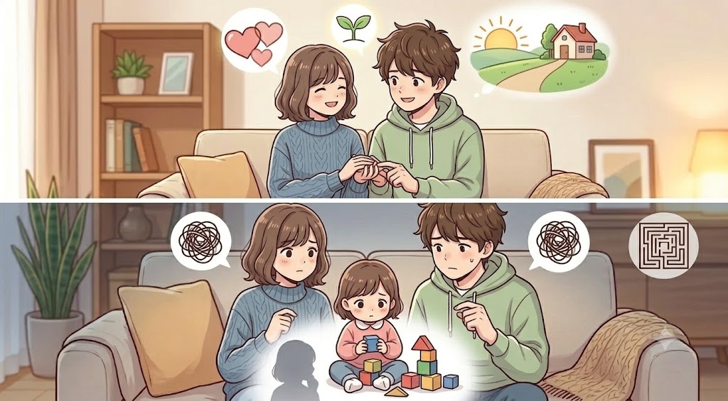 子供の有無による再婚活のイメージの違いを表した2コマのイラスト。上段は子供がおらず、二人だけの明るい未来（家やハートのアイコン）を思い描いて笑顔で寄り添う男女。下段は間に小さな子供を挟み、複雑な現実や葛藤（迷路や絡まった糸のアイコン）を抱えて不安げな表情を浮かべる男女（AI生成イメージ）