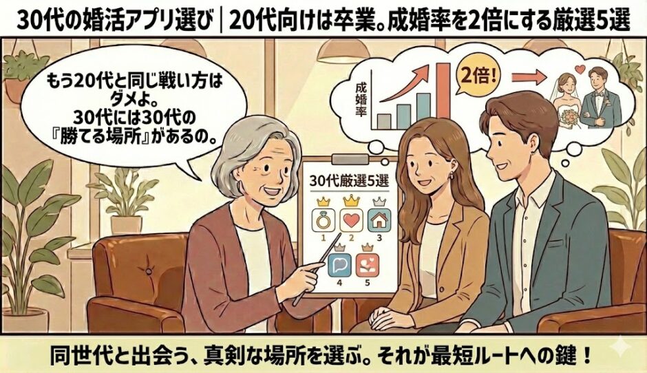 「30代の婚活アプリ選び」という見出しと共に、相談員がランキングボードを使って、30代が勝てるアプリの選び方や成婚率を上げる戦略を解説しているイラスト【30代おすすめアプリ厳選5選】（AI生成イメージ）