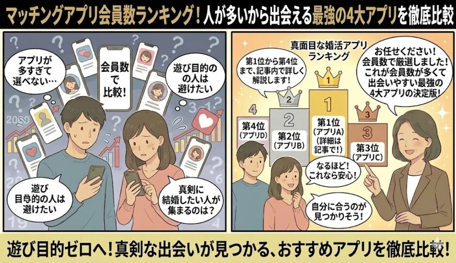 アプリ選びに迷う男女に、マッチングアプリの専門家がアプリを選ぶ際の重要なポイントをアドバイス。会員数の多さや出会いやすさという基準に基づいて厳選された『最強の4大アプリ』について、その順位と特徴を詳しく紹介したアイキャッチ画像（AI生成イメージ）