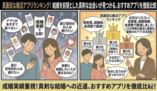 真面目な婚活アプリランキングを紹介する、2パネル構成の漫画風インフォグラフィック。アプリ選びに迷う男女に対し、アドバイザーが成婚実績を重視して厳選した『最強4大アプリ』を解説したアイキャッチ画像（AI生成イメージ）