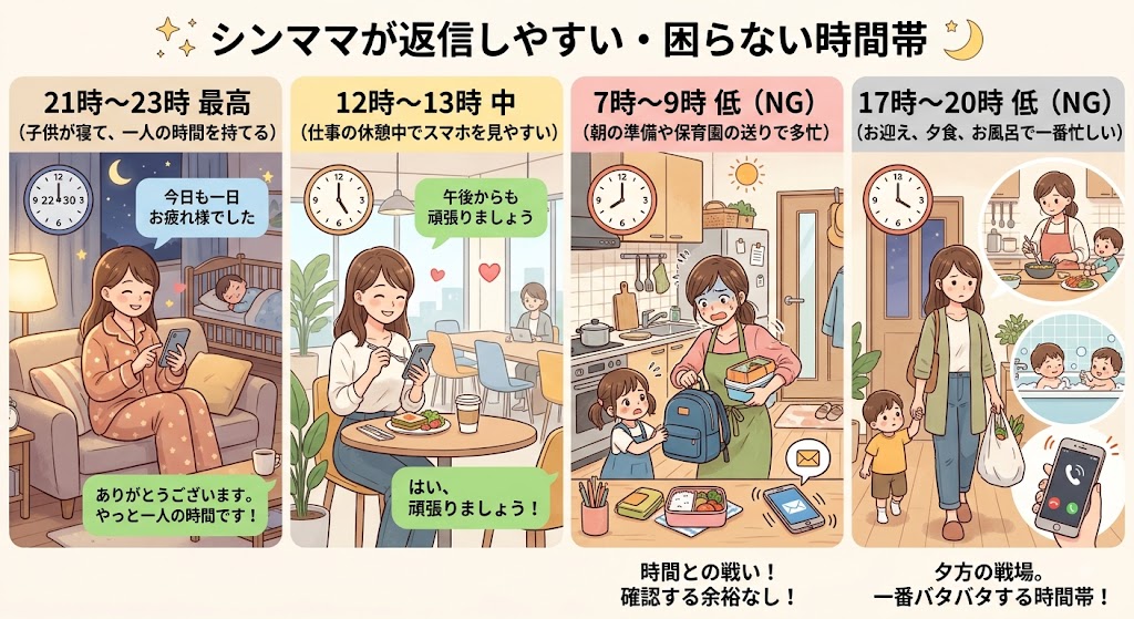 シングルマザー(シンママ)が返信しやすい・困らない連絡時間帯をまとめたイラスト図解(AI生成イメージ)