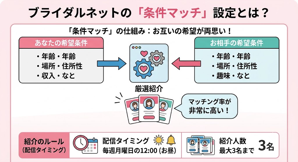 ブライダルネットの「条件マッチ」設定を説明する図解(AI生成イメージ)