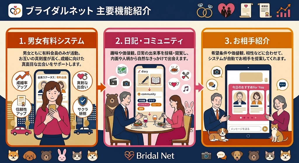 マッチングアプリ「ブライダルネット」の主要機能紹介インフォグラフィック。ヘッダーにはタイトルと婚活をイメージしたアイコン。3つのパネルで、1.男女ともに有料会員のみが活動する「男女有料システム」の利点(成婚率アップ、真剣な出会い、サクラ排除)、2.趣味や日常を投稿・閲覧し内面から出会える「日記・コミュニティ」機能、3.希望条件や価値観に合わせて自動提案される「お相手紹介」機能を図解している。男女それぞれのキャラクター、浮かんでいるアイコン、フッターのロゴとアイコンが描かれている。(AI生成イメージ)