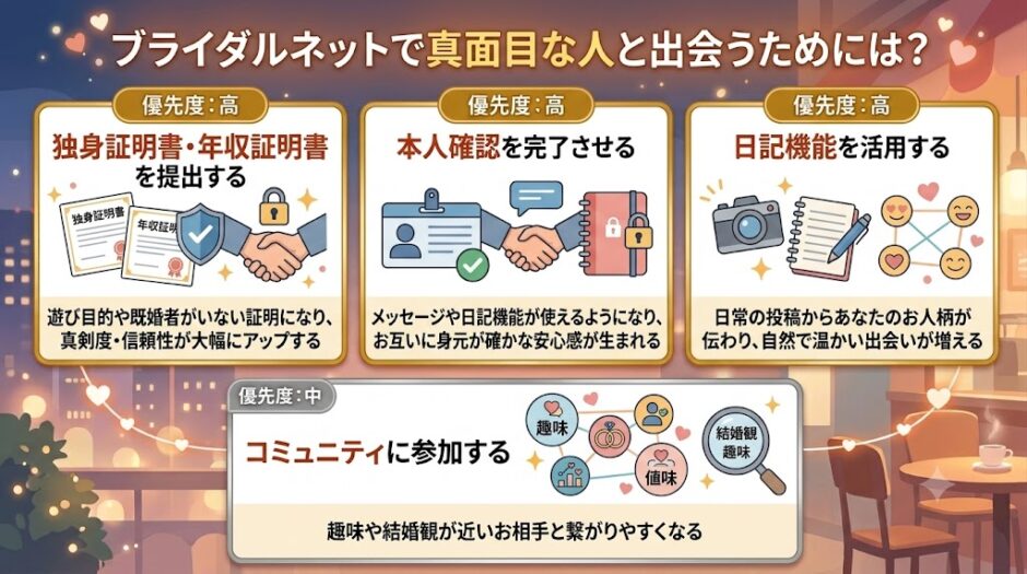 ブライダルネット活用術。真面目な出会いのための4つのヒントを解説するインフォグラフィック（AI生成イメージ）