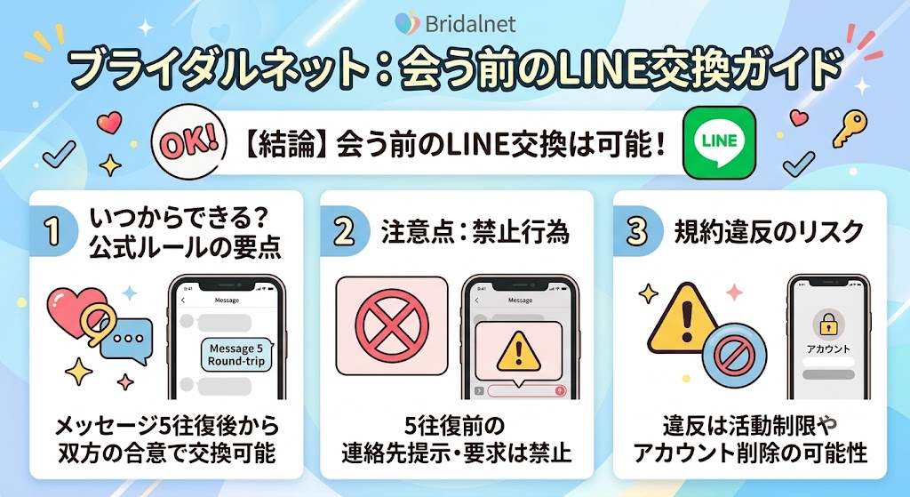 ブライダルネットで会う前のLINE交換が可能であることを解説したインフォグラフィック（AI生成イメージ）