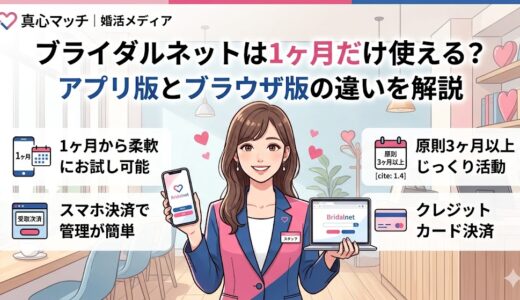 ブライダルネットの1ヶ月利用におけるアプリ版とブラウザ版の違いを解説したイラスト（AI生成イメージ）