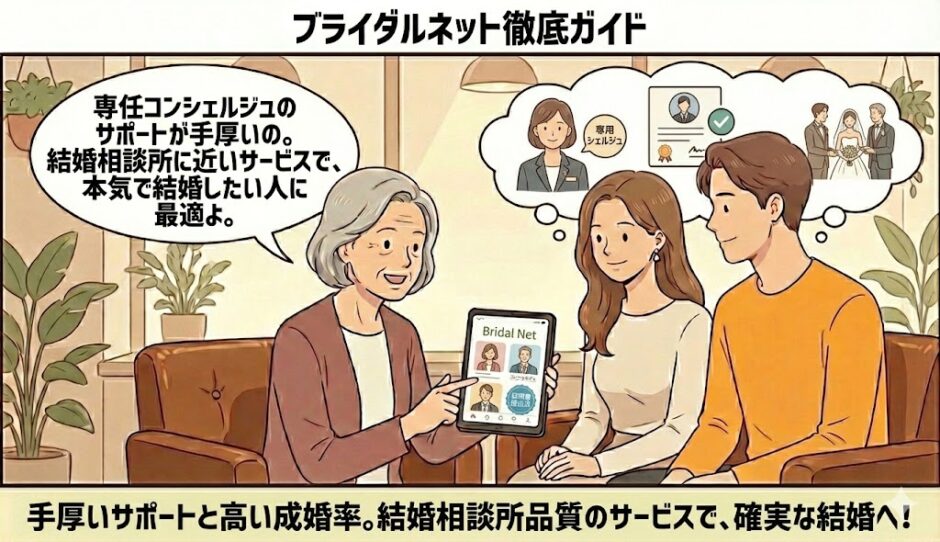 「ブライダルネット徹底ガイド」という見出しと共に、専任コンシェルジュや成婚へのイメージを背景に、相談員が結婚相談所品質のサポート体制について解説しているイラスト【IBJ直営婚活サイト解説】（AI生成イメージ）