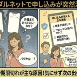 ブライダルネットで「申し込みが突然消えた」と困惑する男女に対し、アドバイザーが「相手の退会」や「期限切れ」といった主な理由を説明し、気にせず次へ進むよう励ましているイラスト（AI生成イメージ）