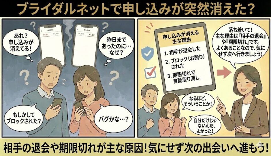 ブライダルネットで「申し込みが突然消えた」と困惑する男女に対し、アドバイザーが「相手の退会」や「期限切れ」といった主な理由を説明し、気にせず次へ進むよう励ましているイラスト（AI生成イメージ）