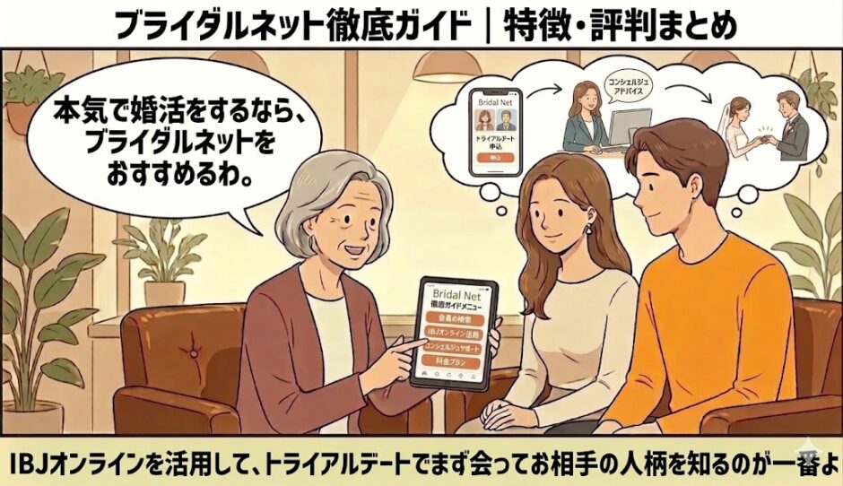 「ブライダルネット徹底ガイド」という見出しと共に、成婚へのイメージを背景に、相談員が結婚相談所品質のサポート体制について解説しているイラスト（AI生成イメージ）