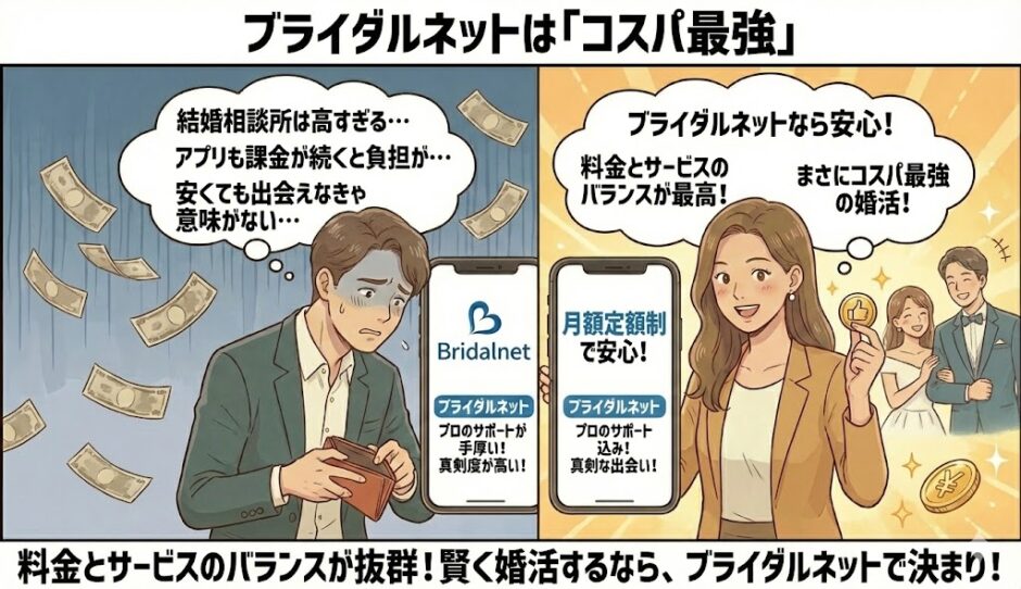 婚活費用やサービス内容に悩む男性が、ブライダルネットの月額定額制とプロのサポートによるコスパの良さを知って安心しているイラスト（AI生成イメージ）