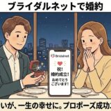 夜景の見えるレストランで、ブライダルネットを通じて出会った男女がプロポーズに成功し、幸せそうに婚約を祝っているイラスト（AI生成イメージ）