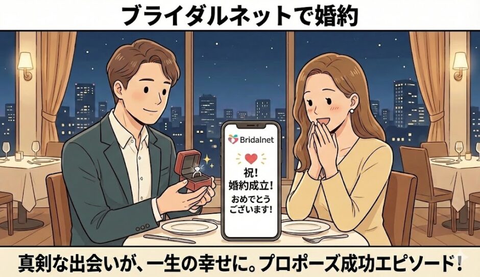 夜景の見えるレストランで、ブライダルネットを通じて出会った男女がプロポーズに成功し、幸せそうに婚約を祝っているイラスト（AI生成イメージ）