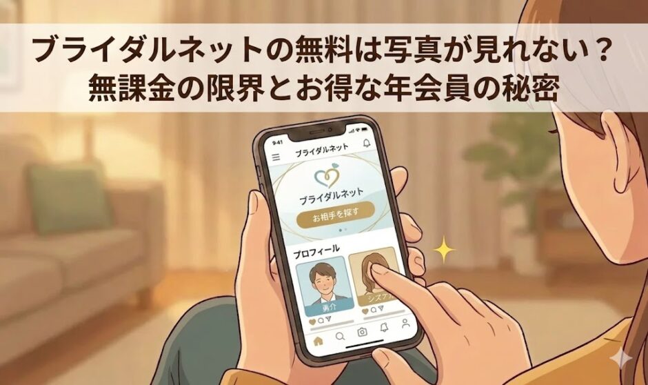 スマホでブライダルネットを開き、無料会員では写真が見れずに気になっている女性のイラスト（AI生成イメージ）