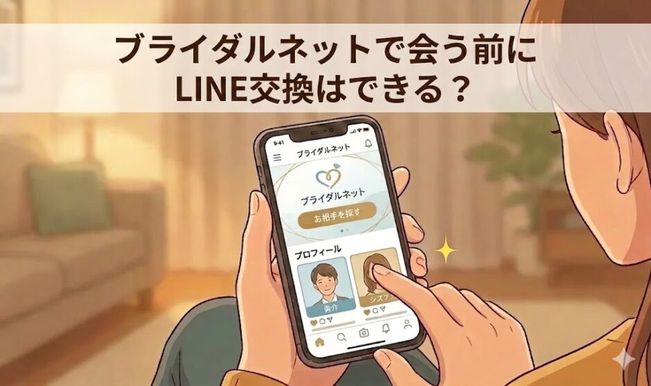 スマホでブライダルネットを開き、会う前にLINE交換ができるか調べている女性のイラスト（AI生成イメージ）