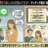 婚活サイト「ブライダルネット」で会う前のLINE交換について、「ルール違反になるのでは？」と悩む男女に対し、アドバイザーがマッチング後の条件クリア（本人確認やメッセージのやり取りなど）によって交換が可能になる流れを図解で解説しているイラスト（AI生成イメージ）