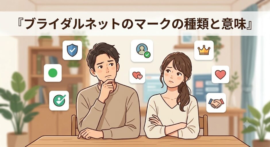 ブライダルネットの各種マークについて考える男女（AI生成イメージ）