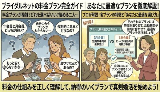 婚活アプリ「ブライダルネット」の料金プラン選びで「月会員と年会員、どっちが良い？」「自分に合うのは？」と悩む男女に対し、アドバイザーがそれぞれの特徴（短期集中向け・じっくり派向け）を比較解説し、最適なプラン選びをサポートしているイラスト（AI生成イメージ）