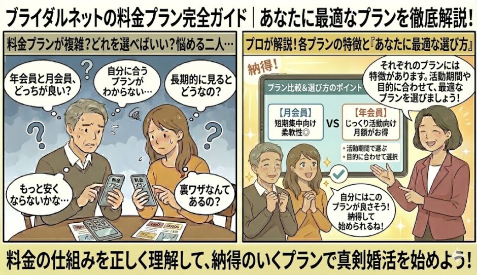 婚活アプリ「ブライダルネット」の料金プラン選びで「月会員と年会員、どっちが良い？」「自分に合うのは？」と悩む男女に対し、アドバイザーがそれぞれの特徴（短期集中向け・じっくり派向け）を比較解説し、最適なプラン選びをサポートしているイラスト（AI生成イメージ）