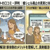 婚活サイト「ブライダルネット」の「婚シェル廃止」という口コミに不安を感じる男女に対し、アドバイザーが「サポート体制は継続・強化されている」ことや「IBJ連携による会員数増加・出会いの質の向上」という新体制のメリットを解説し、安心感を与えているイラスト（AI生成イメージ）
