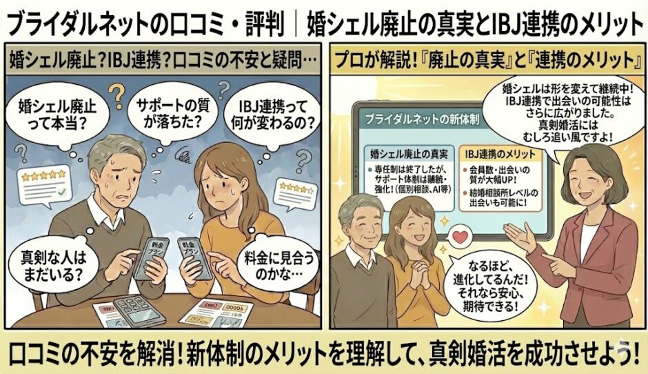 婚活サイト「ブライダルネット」の「婚シェル廃止」という口コミに不安を感じる男女に対し、アドバイザーが「サポート体制は継続・強化されている」ことや「IBJ連携による会員数増加・出会いの質の向上」という新体制のメリットを解説し、安心感を与えているイラスト（AI生成イメージ）