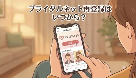 ブライダルネット（Bridal Net）再登録はいつから？（スマートフォンを操作する女性のパノラマ・アイキャッチイラスト）（AI生成イメージ）