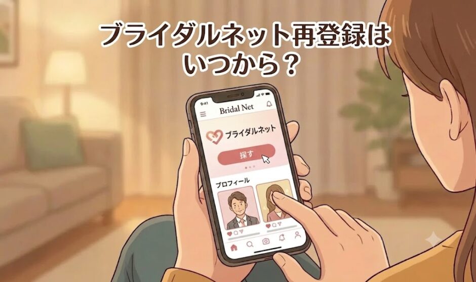 ブライダルネット（Bridal Net）再登録はいつから？（スマートフォンを操作する女性のパノラマ・アイキャッチイラスト）（AI生成イメージ）