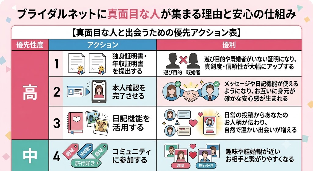 ブライダルネットの安心システムと、真面目な出会いを見つけるためのアクション表（証明書提出、本人確認、日記、コミュニティ）（AI生成イメージ）