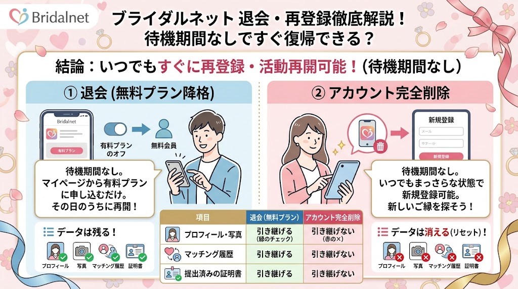 ブライダルネットの退会と再登録（再入会）に関する徹底解説インフォグラフィック（AI生成イメージ）