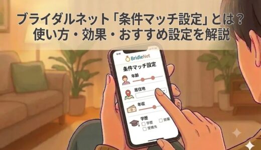 ブライダルネットの「条件マッチ設定」画面が表示されたスマートフォンを操作する人のイラスト（AI生成イメージ）