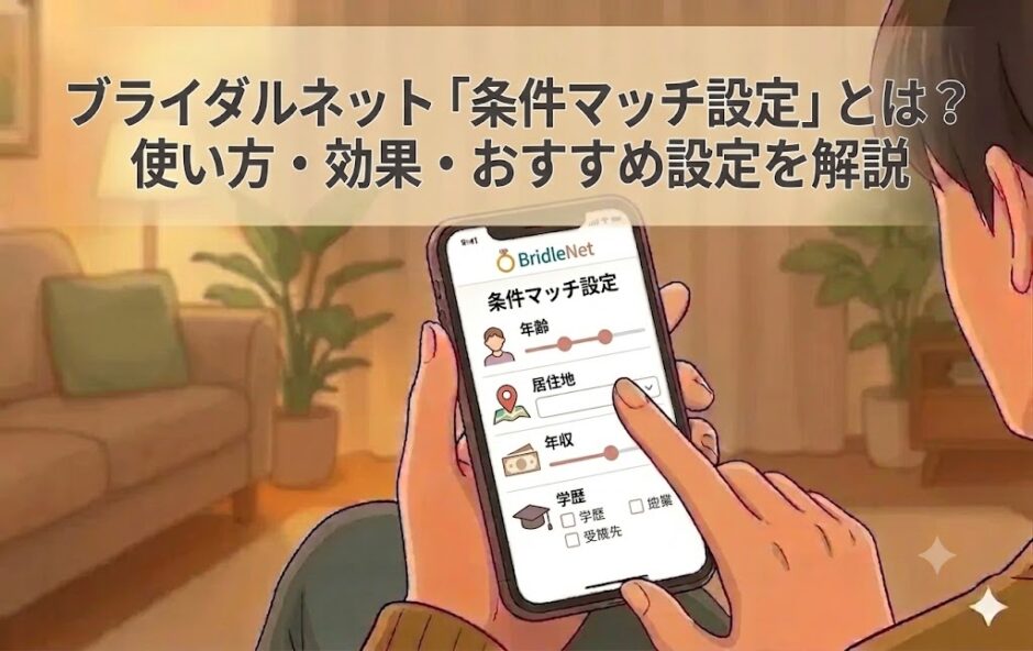 ブライダルネットの「条件マッチ設定」画面が表示されたスマートフォンを操作する人のイラスト（AI生成イメージ）