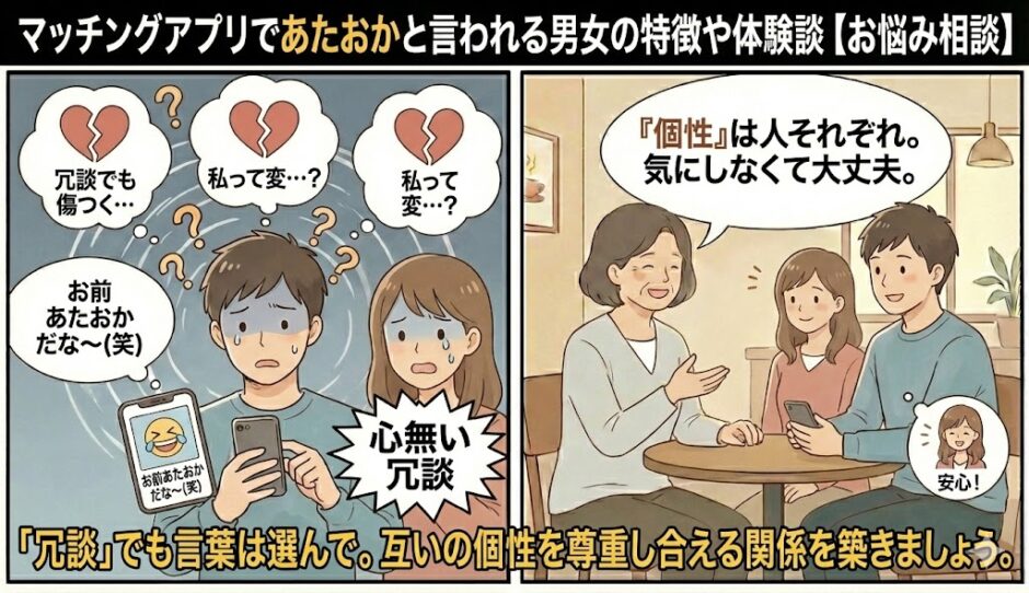 マッチングアプリで「あたおか（頭おかしい）」と冗談で言われショックを受けている男女と、それは個性であり気にする必要はないと励ます相談員のイラスト【言葉のトラブルお悩み相談】（AI生成イメージ）