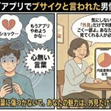 マッチングアプリで容姿を「ブサイク」と中傷され落ち込む男性と、外見だけで判断しない女性は必ずいると励まし内面磨きの重要性を説く相談員のイラスト【男性の婚活体験談アイキャッチ】（AI生成イメージ）