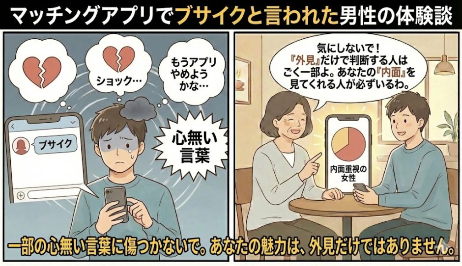 マッチングアプリで容姿を「ブサイク」と中傷され落ち込む男性と、外見だけで判断しない女性は必ずいると励まし内面磨きの重要性を説く相談員のイラスト【男性の婚活体験談アイキャッチ】（AI生成イメージ）