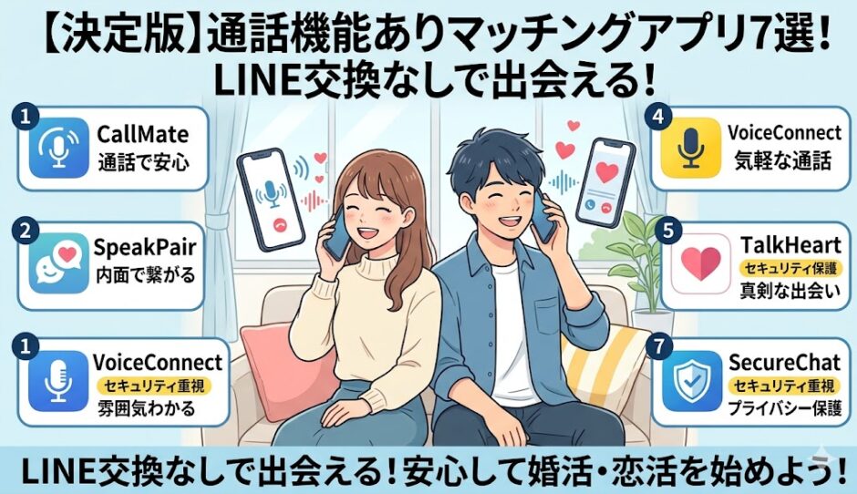 LINE交換なしで安心！通話機能ありのマッチングアプリ7選を紹介するアイキャッチ画像
