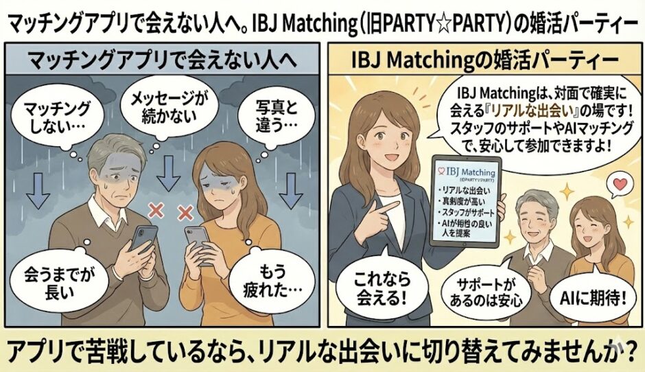 マッチングアプリで「メッセージが続かない」「会うまでが長い」と悩む男女に対し、アドバイザーが「IBJ Matching（旧PARTY☆PARTY）」なら対面で確実に会えることや、スタッフのサポート、AIマッチングなどのメリットを解説し、リアルな出会いを提案しているイラスト（AI生成イメージ）