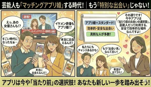テレビの速報で芸能人のマッチングアプリ婚を知り、「すごい時代になったなぁ」と驚きつつも希望を持つ男女に対し、アドバイザーが「今やアプリ婚はスタンダードで効率的、かつ安全な出会いの選択肢」であることを解説しているイラスト（AI生成イメージ）