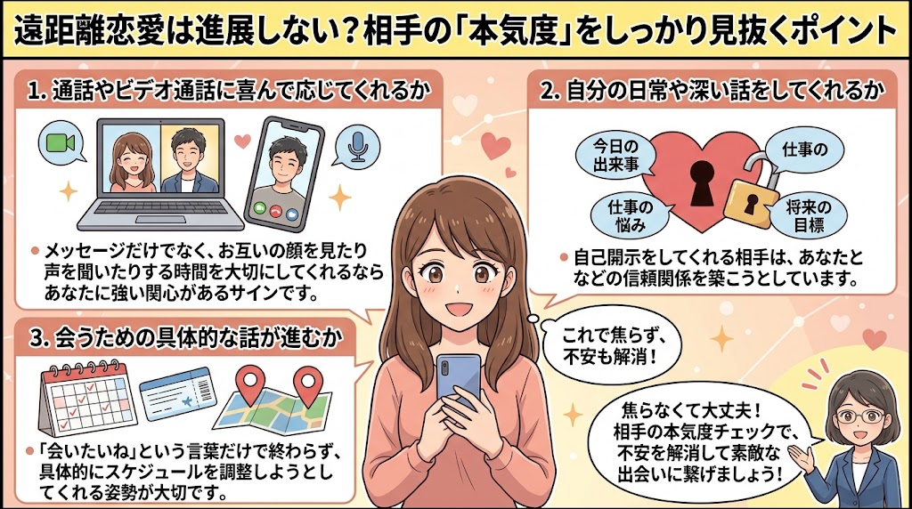 遠距離恋愛で相手の「本気度」を見抜く3つのポイントを解説するインフォグラフィック（AI生成イメージ）