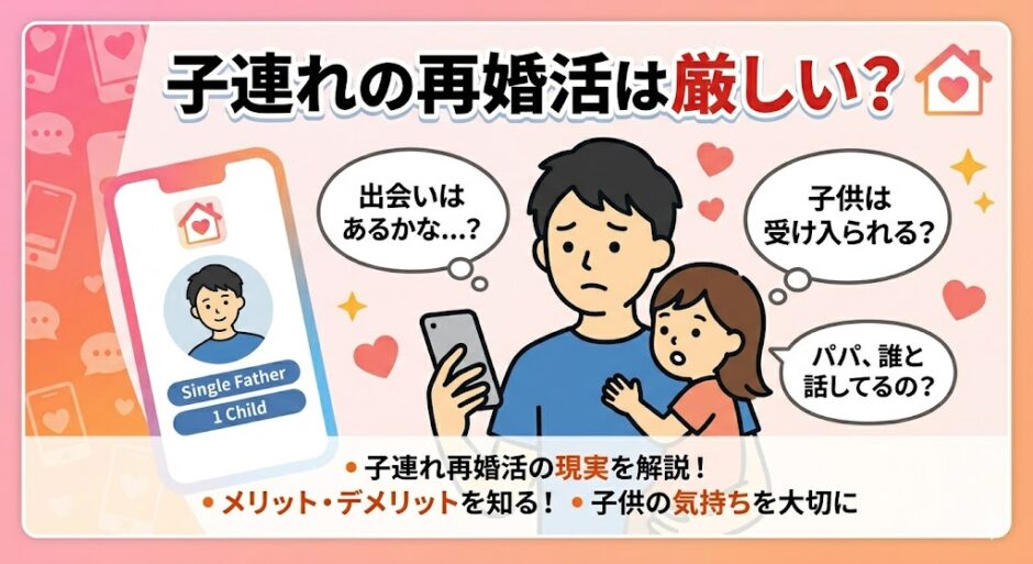 『子連れの再婚活は厳しい？』というタイトルの記事アイキャッチ。不安な顔で娘を抱き、マッチングアプリのプロフィール画面を見るシングルファザーのイラスト（AI生成イメージ）