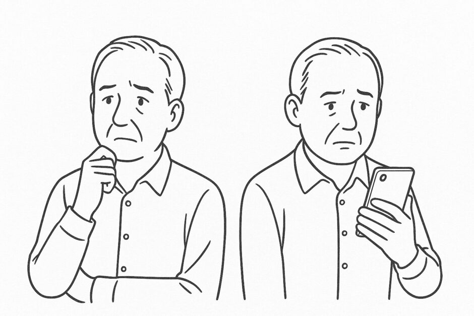 50代の男性が婚活を始めようと考えつつ、年齢への不安からスマートフォンを見つめて悩んでいる様子を描いた2コマ漫画。無言の表情と姿勢で内面の葛藤を表現している。