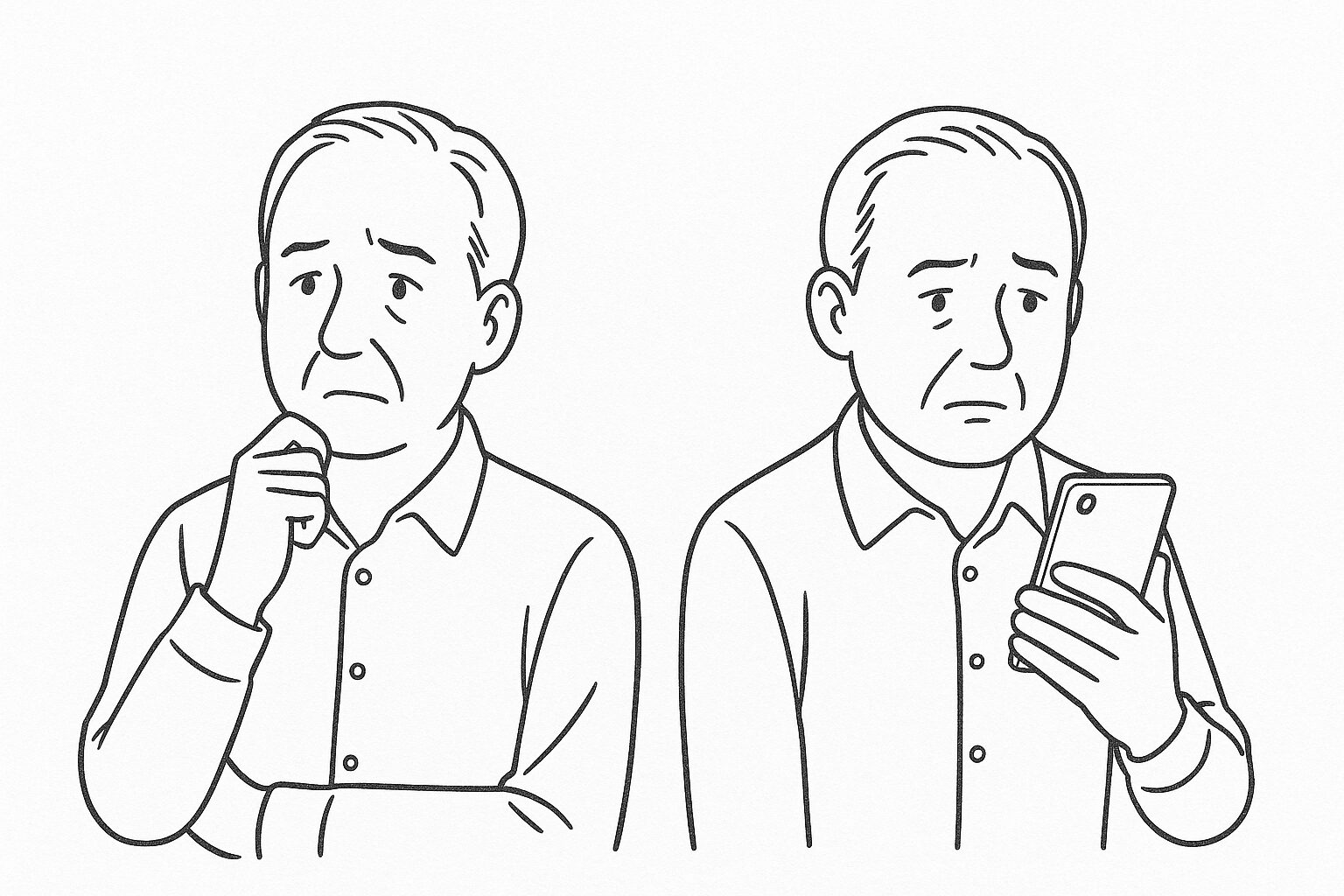 50代の男性が婚活を始めようと考えつつ、年齢への不安からスマートフォンを見つめて悩んでいる様子を描いた2コマ漫画。無言の表情と姿勢で内面の葛藤を表現している。