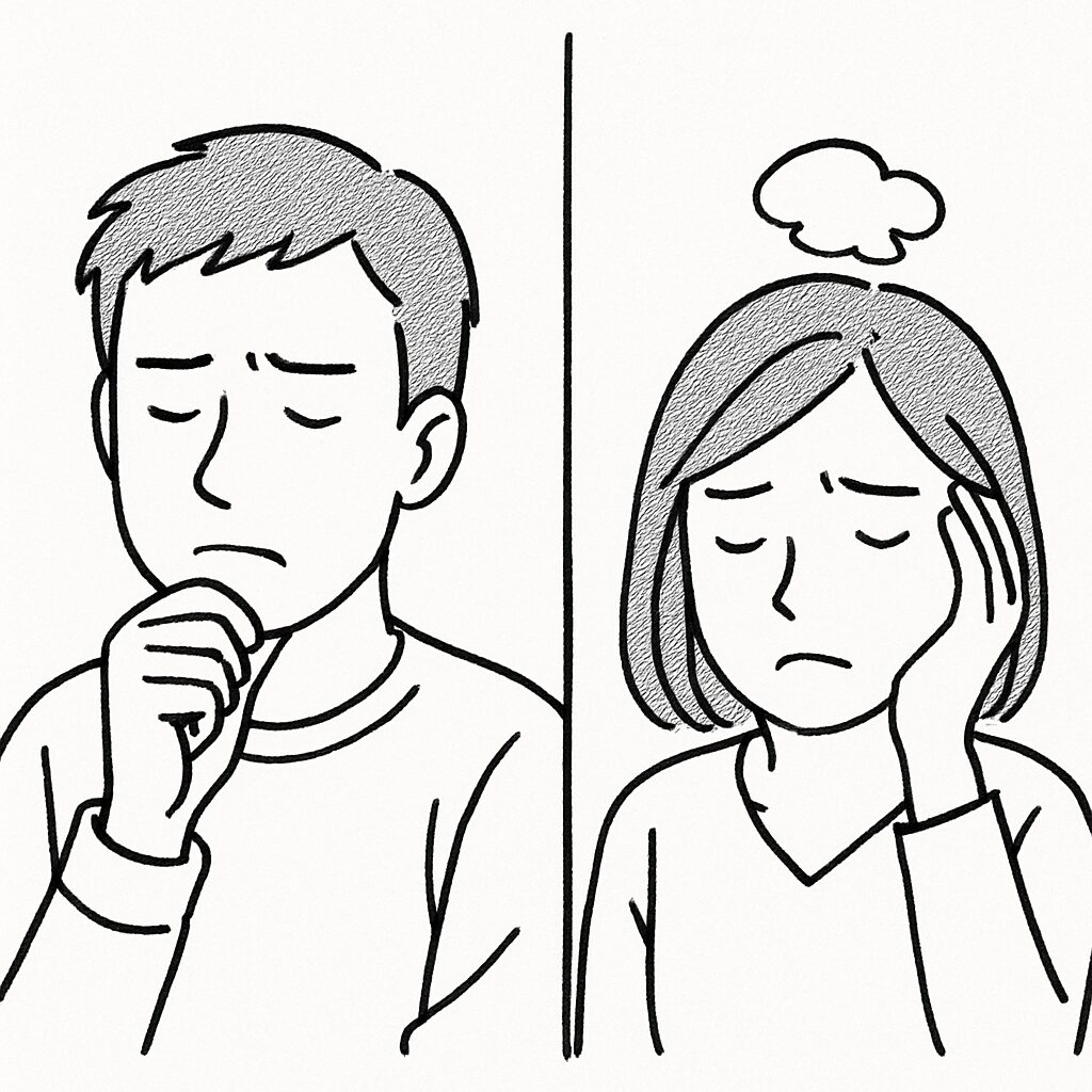 悩んだ表情でうつむく男性と女性を並べて描いた、白黒の線画イラストの2コマ
