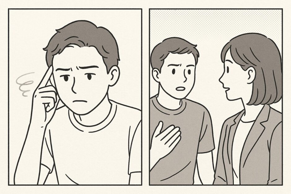 真剣な表情で悩む30代男性が、一人で考え込んだ後に誰かと向き合って気持ちを話している様子を描いた2コマ漫画。落ち着いた雰囲気の中に、内面の揺れや希望が感じられる構成。