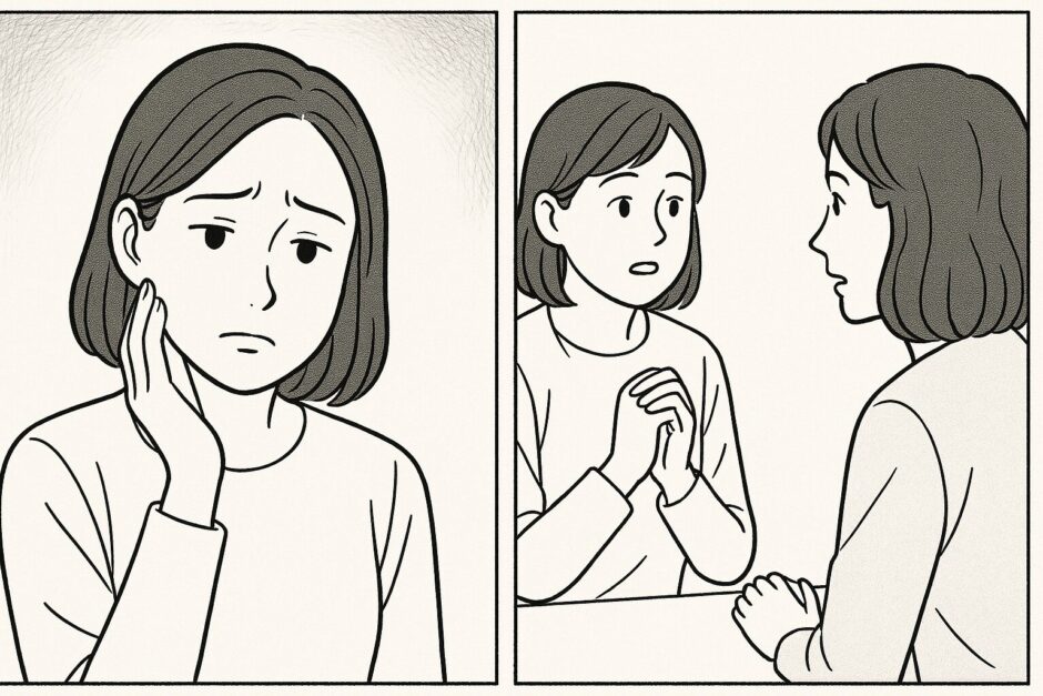 落ち着いた表情で悩む40代女性が、一人で考え込んだ後、誰かに相談している様子を描いた2コマ漫画。しわのない自然な印象で、穏やかさと不安が共存する姿を表現している。