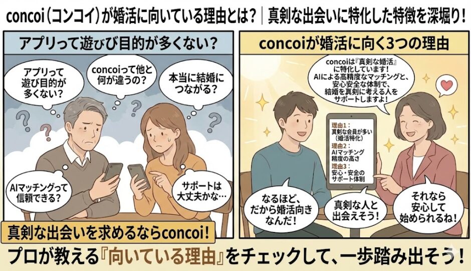 婚活アプリ「concoi（コンコイ）」が婚活に向いている理由について、「遊び目的が多いのでは？」「AIマッチングは信頼できる？」と不安を持つ男女に対し、アドバイザーが「真剣な会員の多さ」「AIマッチングの精度」「安心のサポート体制」の3点を図解で分かりやすく解説しているイラスト（AI生成イメージ）
