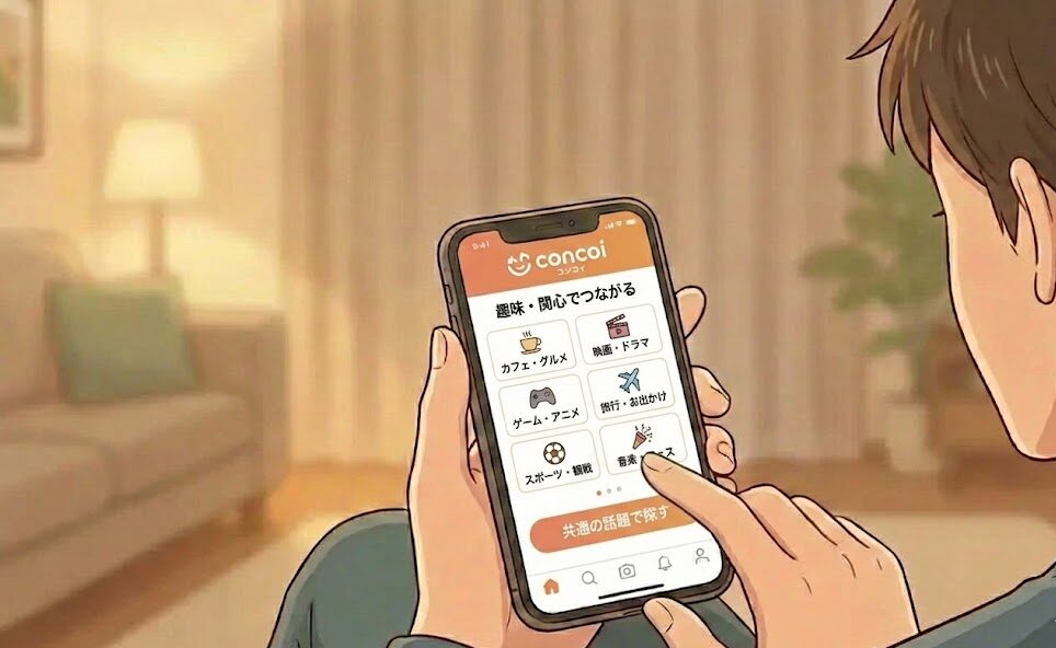 スマホで婚活パーティー「コンコイ」のプロフィール画面を操作している手元のイラスト(AI生成イメージ)