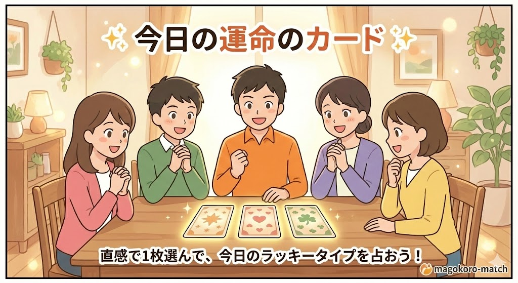 今日の運命のカード。直感で1枚選んでクリックし、今日の恋愛運や婚活のラッキータイプを占うための画像。神秘的な3枚のカードから今のあなたへのメッセージを受け取る
