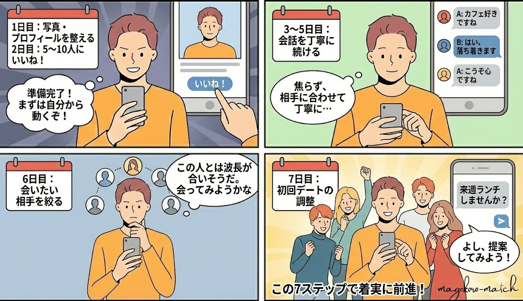 【4コマ漫画】婚活アプリ登録から初デート調整まで、最初の7日間で成果を出すための具体的な行動ステップ。写真・プロフィール準備から、いいね送信、メッセージの継続、相手の絞り込みまでのスケジュールを解説したイラスト(AI生成イメージ)